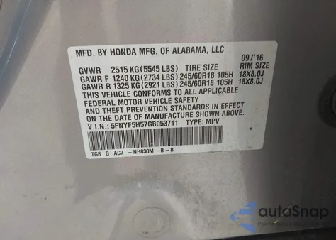 2016 Honda Pilot Ex-L from USA, damaged, VIN 5FNYF5H57GB053711